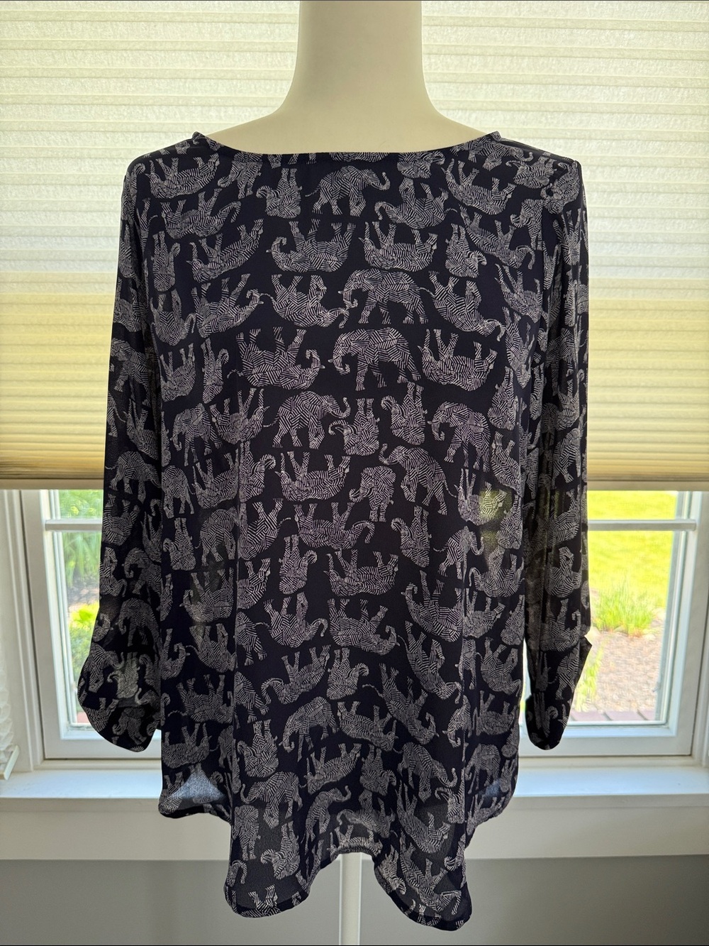 Womens Navy Elephant Print Blouse - Lightweight Long Sleeve Top